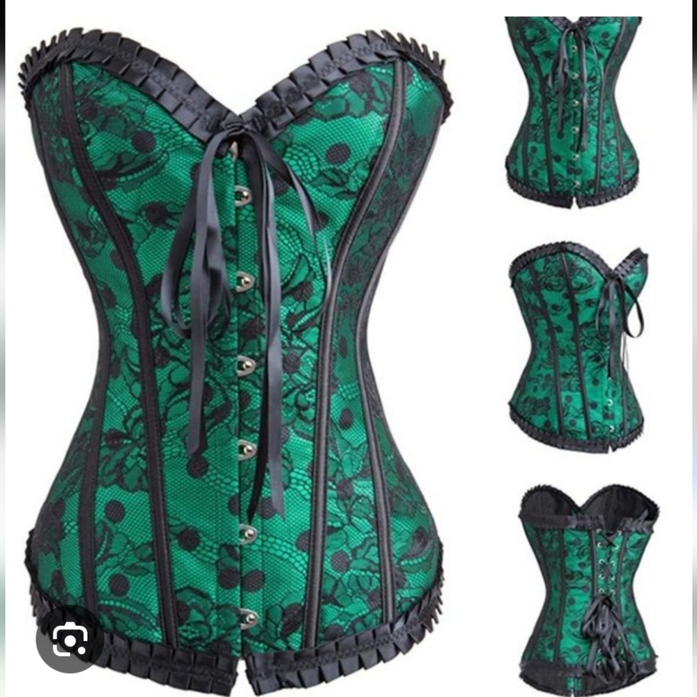 Elegant Green and Black Lace Polka Dot Corset Bustier Bodyshaper.  Size 4XL. - Picture 2 of 4